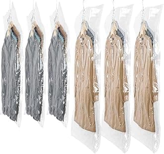 Hanging Vacuum Storage Bags 6 Pack Space Saver Vacuum Seal Bags, Jumbo and Large, for Seasonal Clothes, Dress, Coat, Closet Organizer with Heavy Duty Hanging Hooks, Reusable & Easy to Use