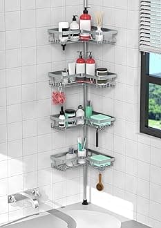 4-Tier Corner Shower Caddy Tension Pole - Adjustable Shower Tension Rod Organizer, Floor to Ceiling Shower Caddy 25-114.2 inch, Shower Towel Rack Corner Waterproof, Light Gray
