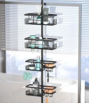 Kegii Telescopic Shower Caddy - Tension Shelf Bathroom Caddy, Height Adjustable Floor Standing Shower Shelf 4 Baskets, Black