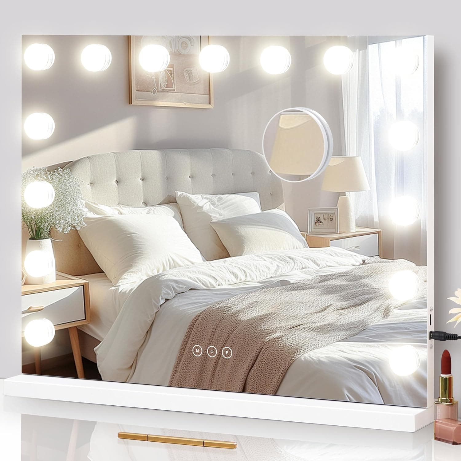 Vanity Mirror with Lights Lighted Makeup Mirror with 15 Dimmable LED Bulbs,3 Color Lighting Modes,USB Charging Port Touch Control,Sturdy Metal Frame Design,White