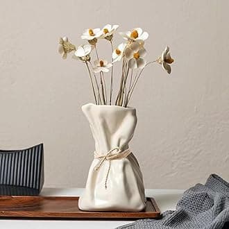 FOWSEEK 7.5IN White Ceramic Vase, Irregular Flower Vase Modern Art Decorative Vase for Flowers, Unique Paper Bag Vase for Home Office Centerpieces Entryway Bookshelf Living Room Table Decor
