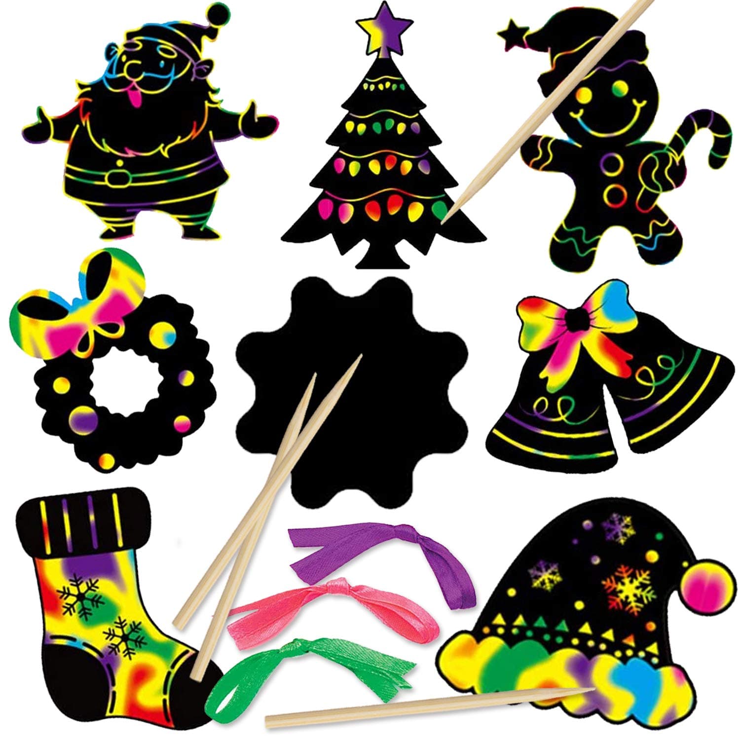 48 Sheets Christmas Scratch Art Crafts Black Magic Scratch Art Notes Paper Boards with 12pcs Wood Stylus and 48pcs Elastic Cords for Kids Christmas Party Favors
