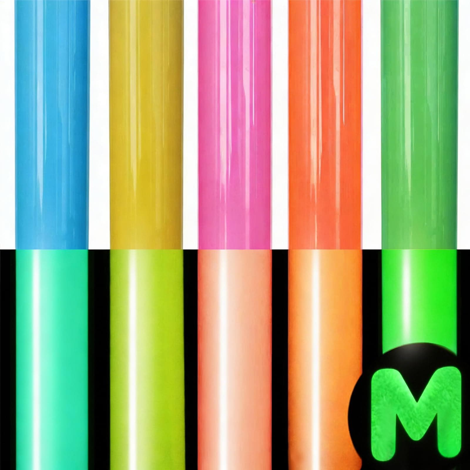 Puff HTV Vinyl Bundle - Glow in The Dark Iron On, Luminous Fluorescent 5 Colors, 3D Heat Transfer Vinyl for Heat Press T Shirt, Size 12 inch X10 inch