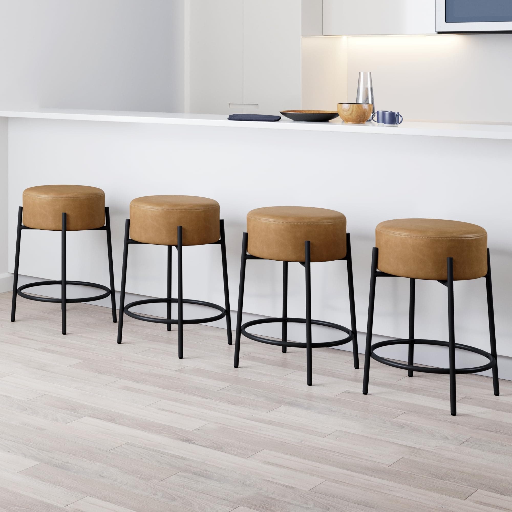 Nathan James Isaac 24" Modern Backless Bar Stool with Round Soft Padded Upholstered Seat and Metal Mid-Century Base, PU Light Brown/Black, Set of 4