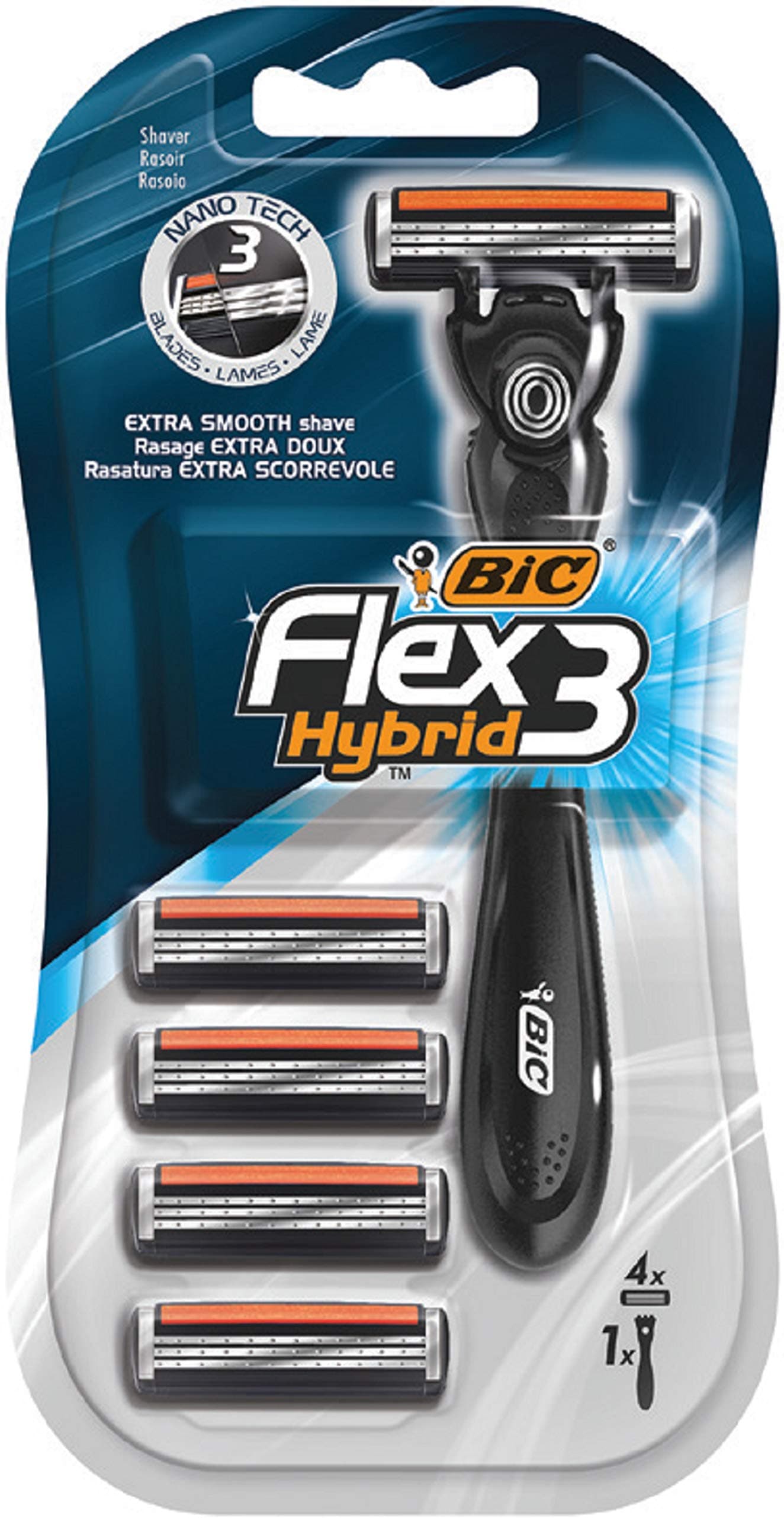 BIC Flex 3 Hybrid, Triple Blade Razor Blade for Men, Extra Smooth and Precise Shave, Pack with 1 Handle and 4 Refills