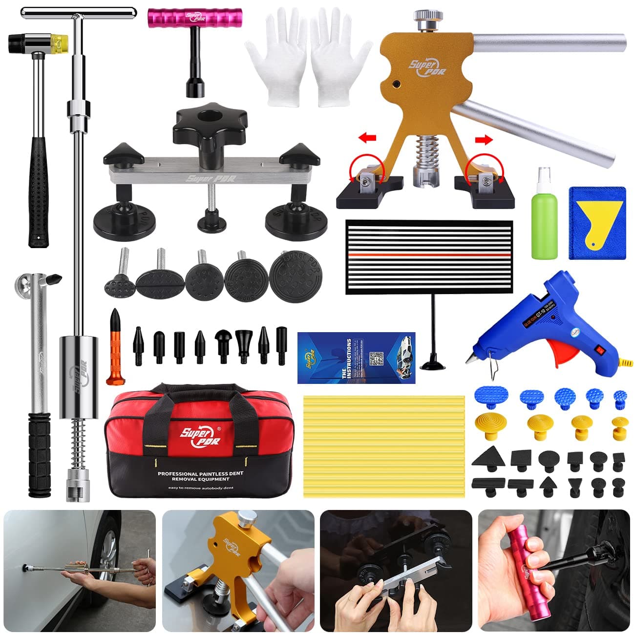 Super PDR Car Dent Repair kit, Auto Dent Puller, Dent Removal Kit with Dent Removal Pulling Tabs for Big Small Dent Hail Damage Remover Fix