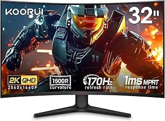 32" QHD Curved Gaming Monitor - 170Hz 1ms 1500R Immersive Display, FreeSync Premium Adaptive Sync,90% DCI-P3 HDR10, HDMI & DisplayPort, Black