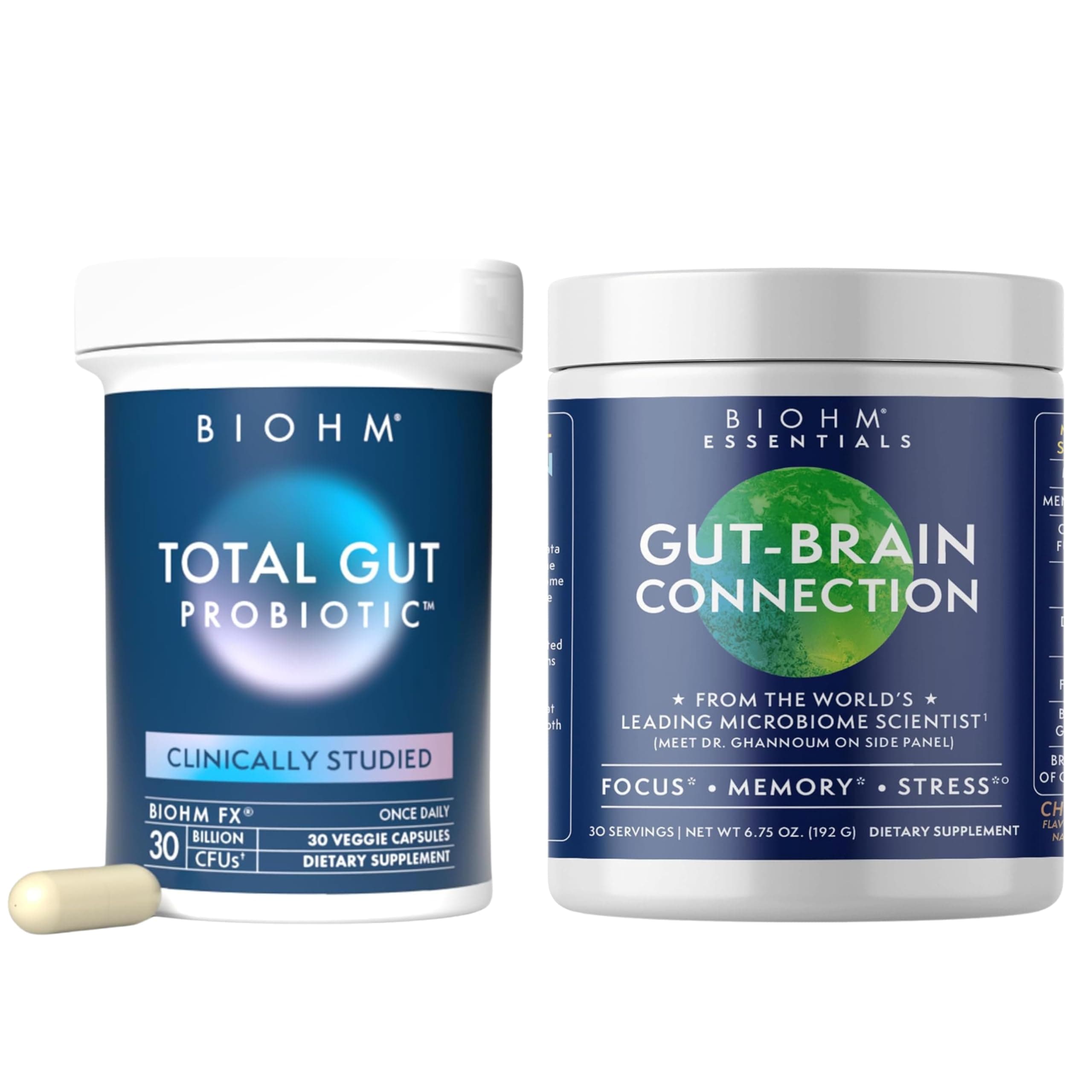BIOHM Total Probiotic and Gut-Brain Connection Bundle, 30 Billion CFU Daily Probiotic with Good Bacteria, Fungi, Support Memory, Concentration, Focus, and Balanced Gut, 30 Servings Each
