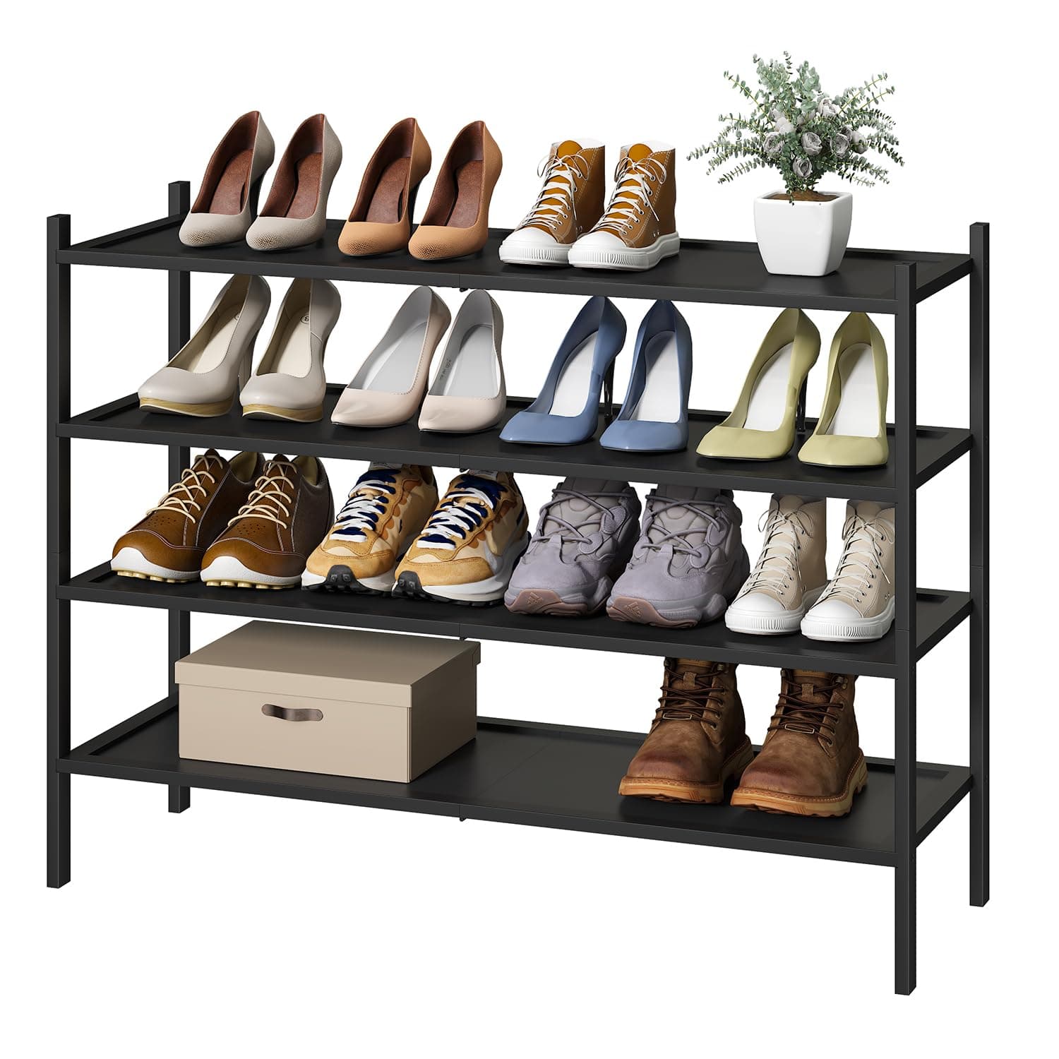 Black 4-Tier Bamboo Wood Shoe Rack, Stackable for Closet, Entryway & Hallway