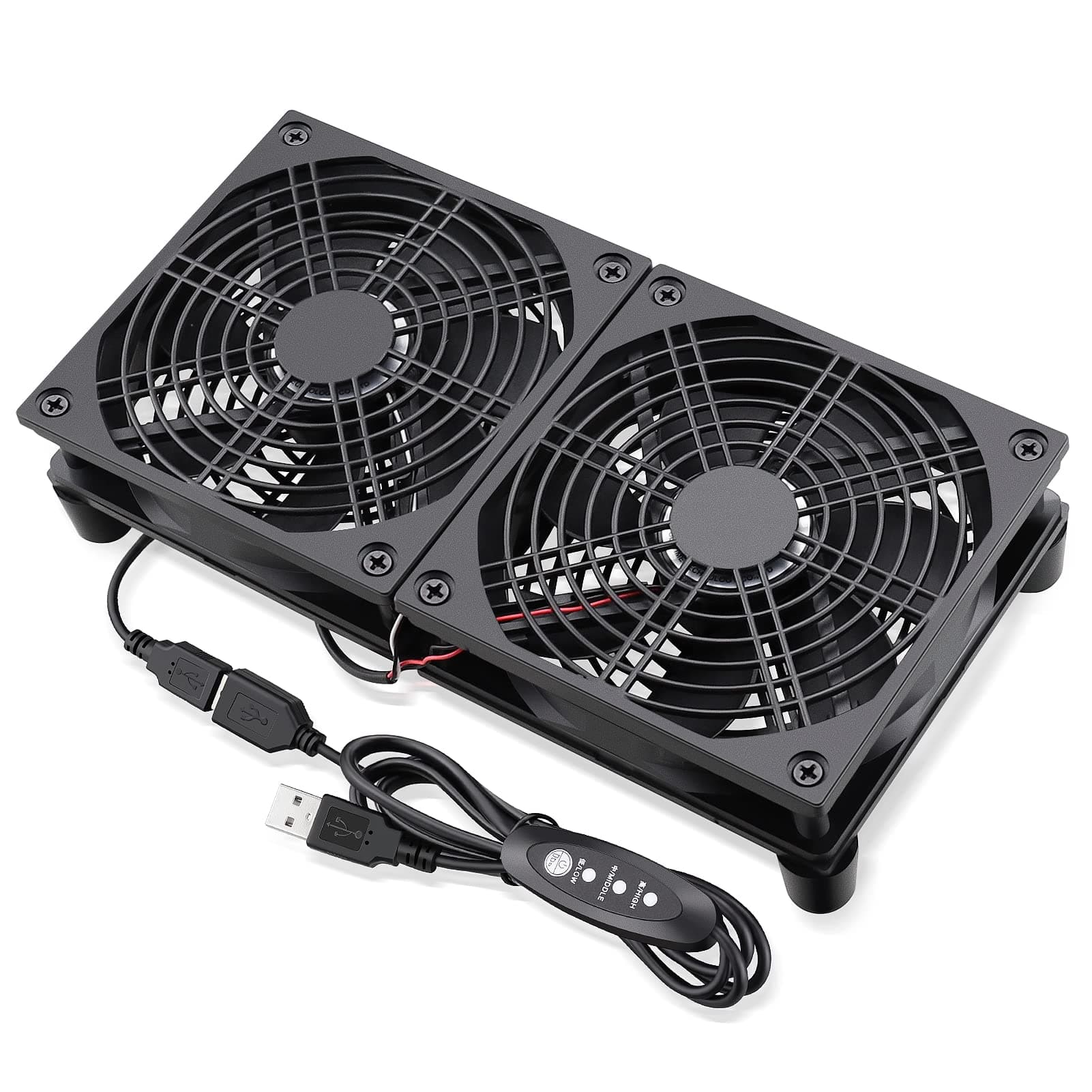 Quiet Router Fan Cooler with 3 Speed Control, L/M/H, DC 5V USB Powered Dual 120mm Computer Cooling Case Fan for Routers Modem Receiver DVR PlayStation TV Box