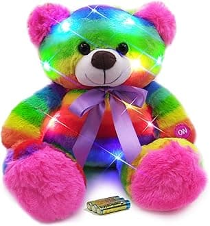 The Noodley Rainbow Lites Light Up Teddy Bear Stuffed Animal Plush LED Night Light Sleep Toy for Girls (16 inch, Batteries Included)