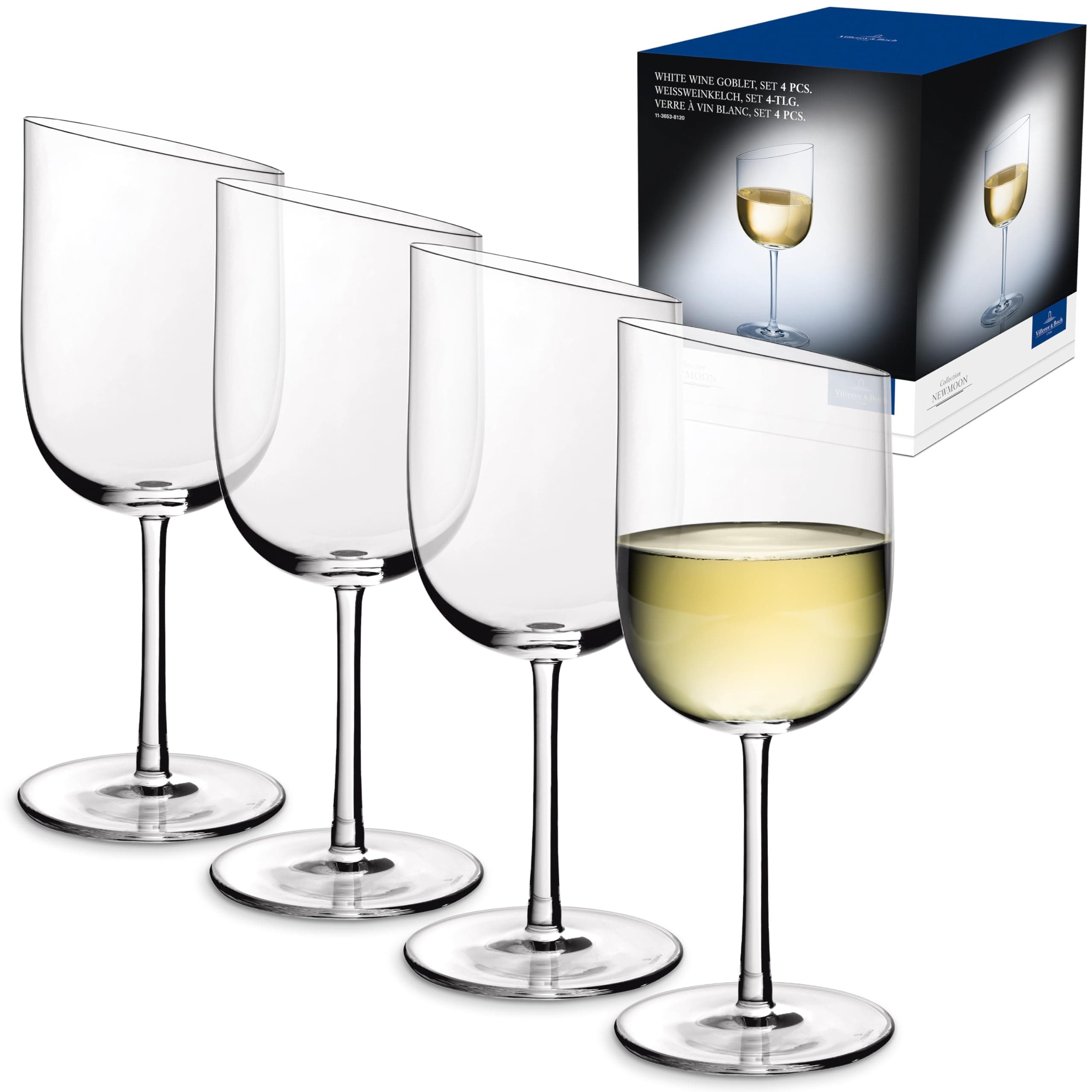 Villeroy & Boch NewMoon Set, 4 Pieces, Elegant, Modern Sloping White Wine, Crystal Glass, Transparent, Dishwasher Safe