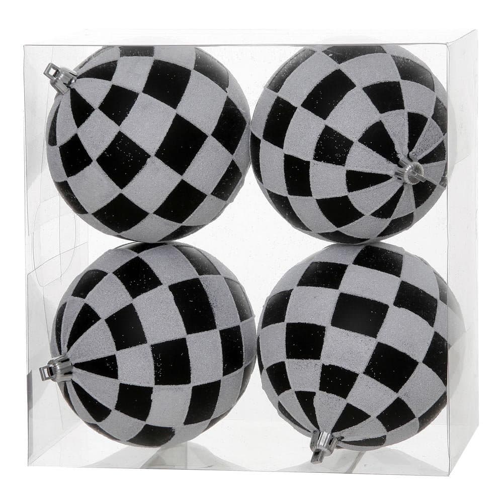 Vickerman 4" Black-White Check Glitter Ball Ornament 4 per Box