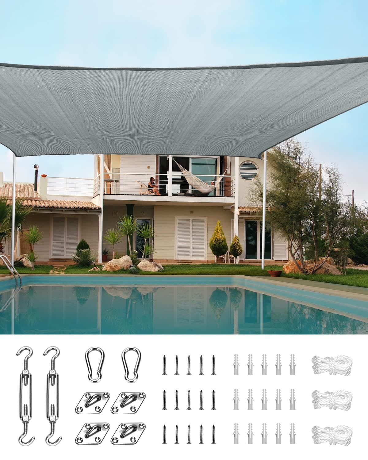 Quictent20x16ft Rectangular Sun Shade Sail Pool Canopy 185G HDPE 98% UV Block Outdoor Patio Garden Commercial Deck with Hardware Kit (Gray)
