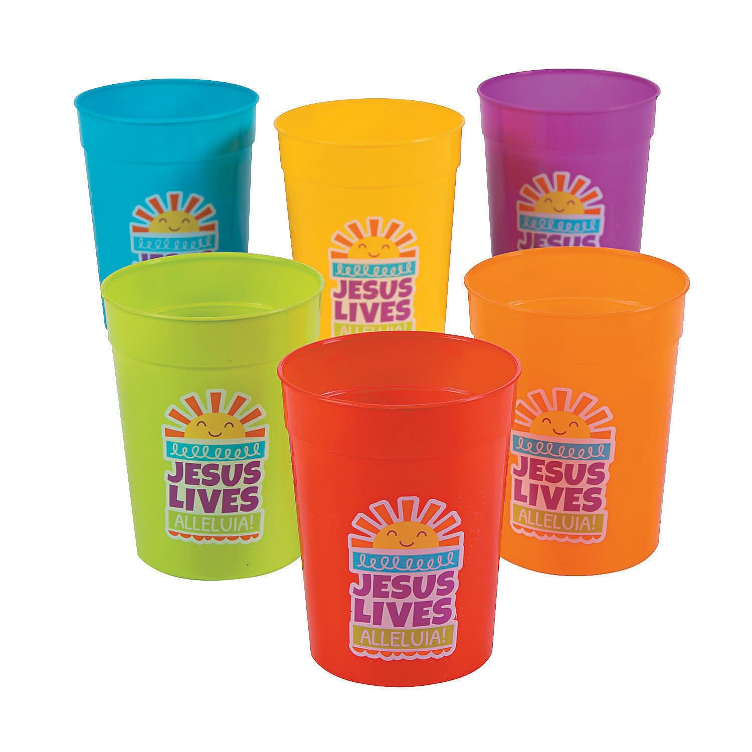Fun Express12 Pieces JESUS LIVES Plastic Cups for Easter - 10 Ounce, BPA Free Plastic, Drinkware, Reusable for Easter Party Supplies, Multi-Color
