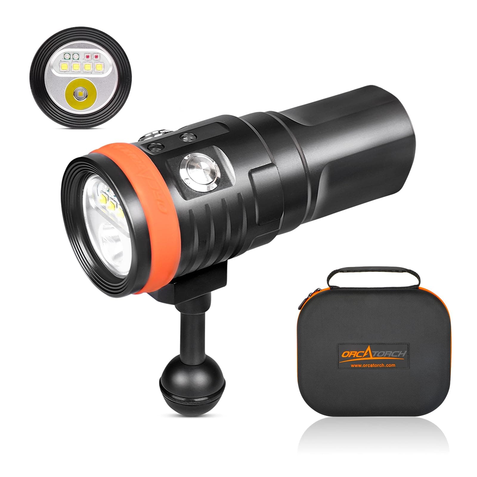 ORCATORCH D900V Underwater Video Dive Light - 2200 Lumens with 4 Colors, Red, UV, Neutral White 120° Flood Beam & Cool White 8° Spot Beam, Dual Titanium Alloy Switch, Battery Indicator for Photography