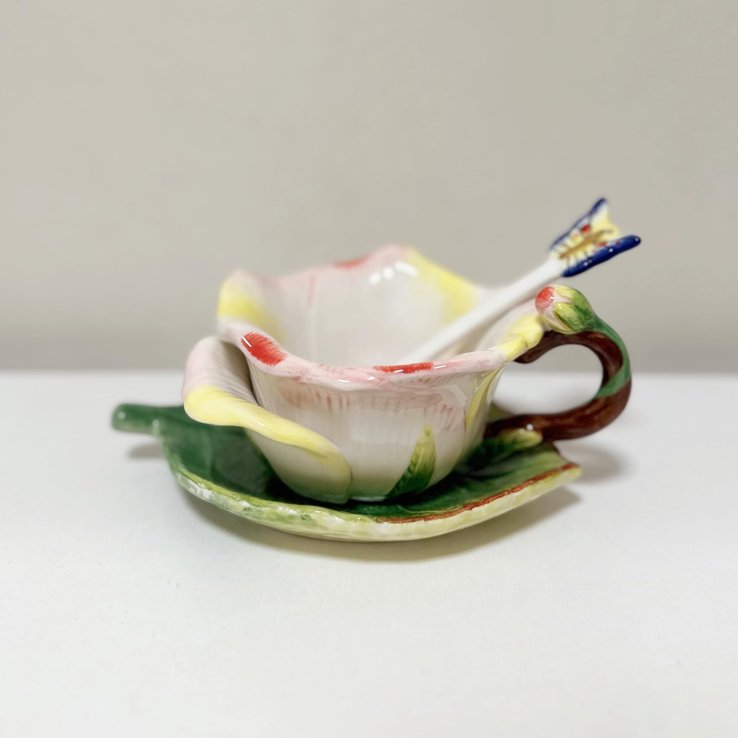 Ceramic Tea Cup and Saucer Set ，6OZ 3D Hand-Painted Flower and Lotus Leaf Coffee Mug，Gift for Women- Champagne Rose