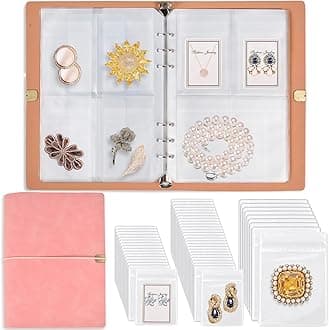 ChezMax Jewelry Organizer, Jewelry Storage Book with Pockets, Foldable Earrings Travel Album, PU Leather Accessories Holder Booklet for Necklace Rings (64 Grids+64 Anti-Oxidation PVC Bags) Pink