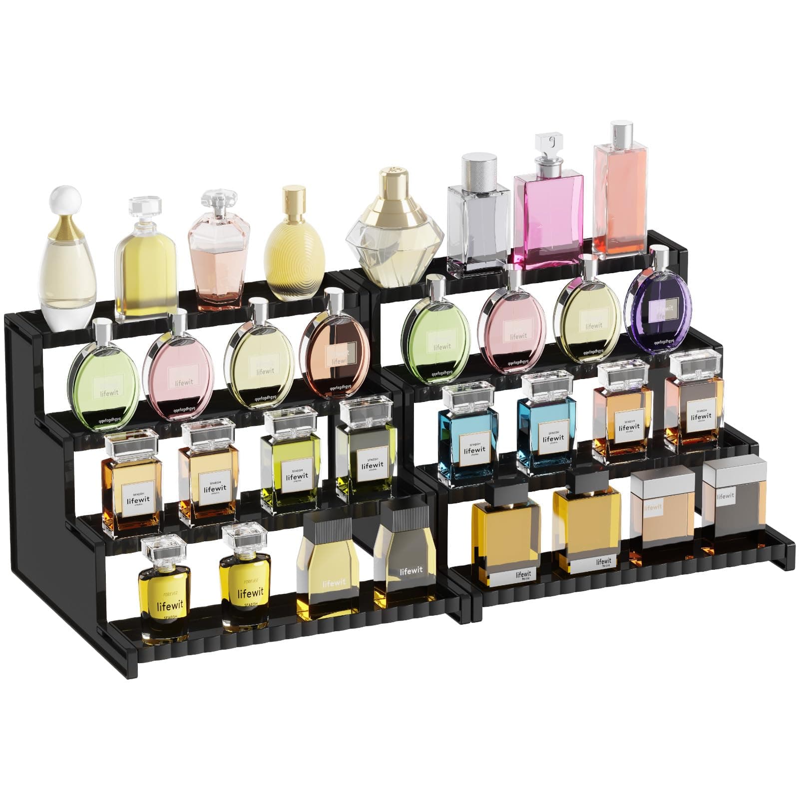 Lifewit 4 Tier Black Display Riser Stand with Decorative Secure Fences, Tool-free Assembly, Plastic 12 Inch Cologne Perfume Organizer, Display for Figures, Cupcake, Dessert, 2-pack