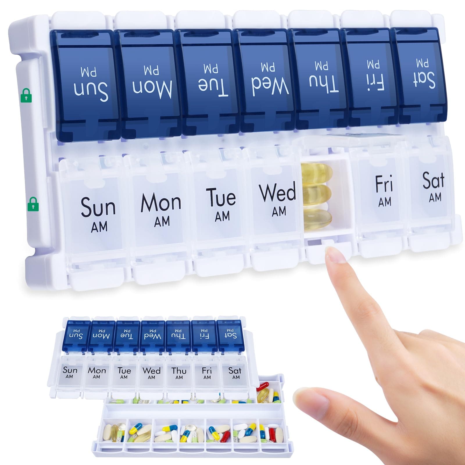 Weekly Pill Organizer 2 Times a Day, Easy Fill Large Pill Box 7 Day, Am Pm Medicine Organizer, Push Button Daily Pill Case for Vitamin, Fish Oil, Supplements