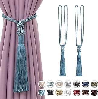 Pretty Jolly 2 Pack Long Tassel Curtain Tiebacks Handmade Braided Rope Knot Drape Tie Backs European Style Decorative Curtain Holdbacks for Home & Office Window Drapery (Teal)
