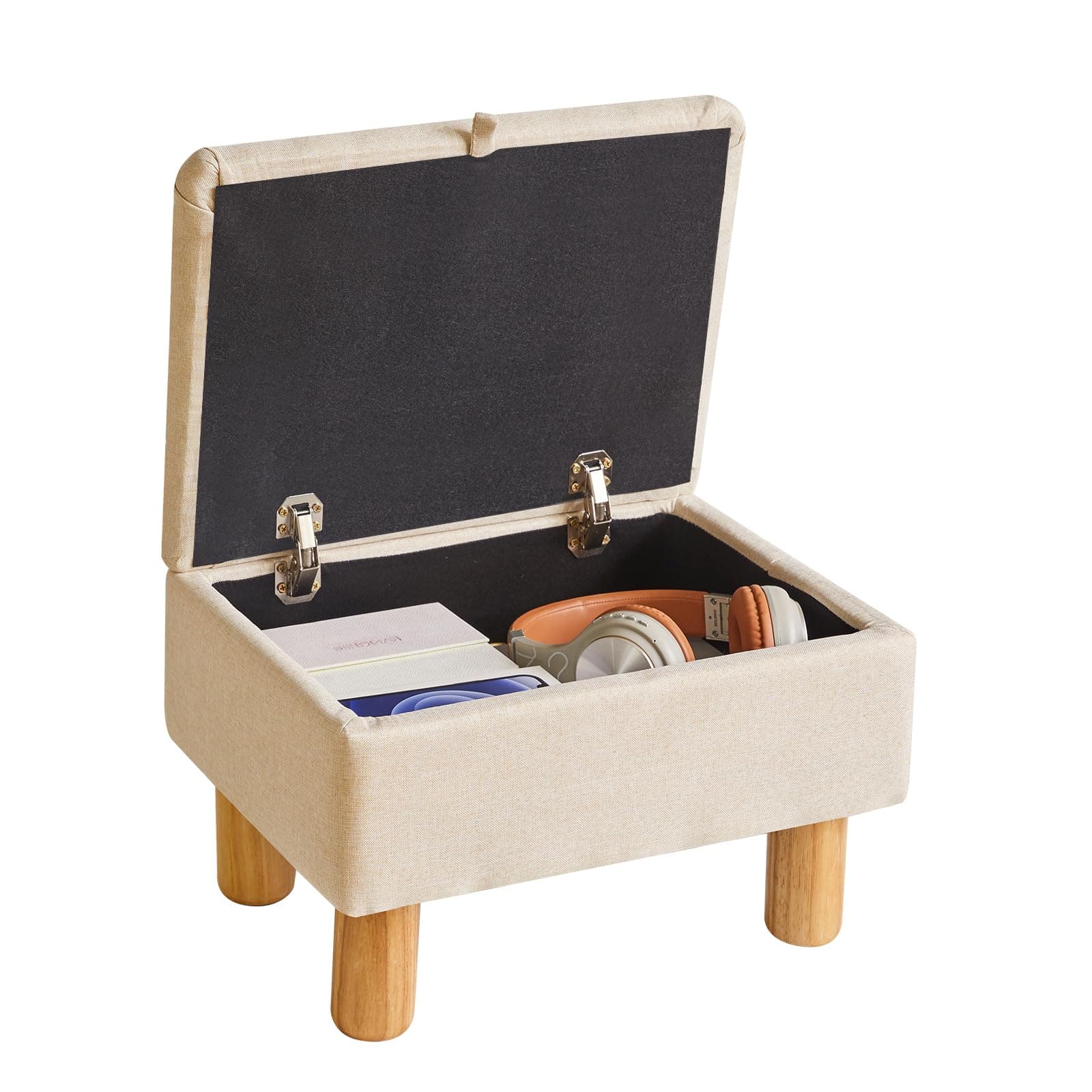 Footstool with Storage, Small Ottoman Footstool, Sofa Footrest Extra Seating with Wooden Legs for Living Room Bedroom Entryway, Beige, YD-JD1361