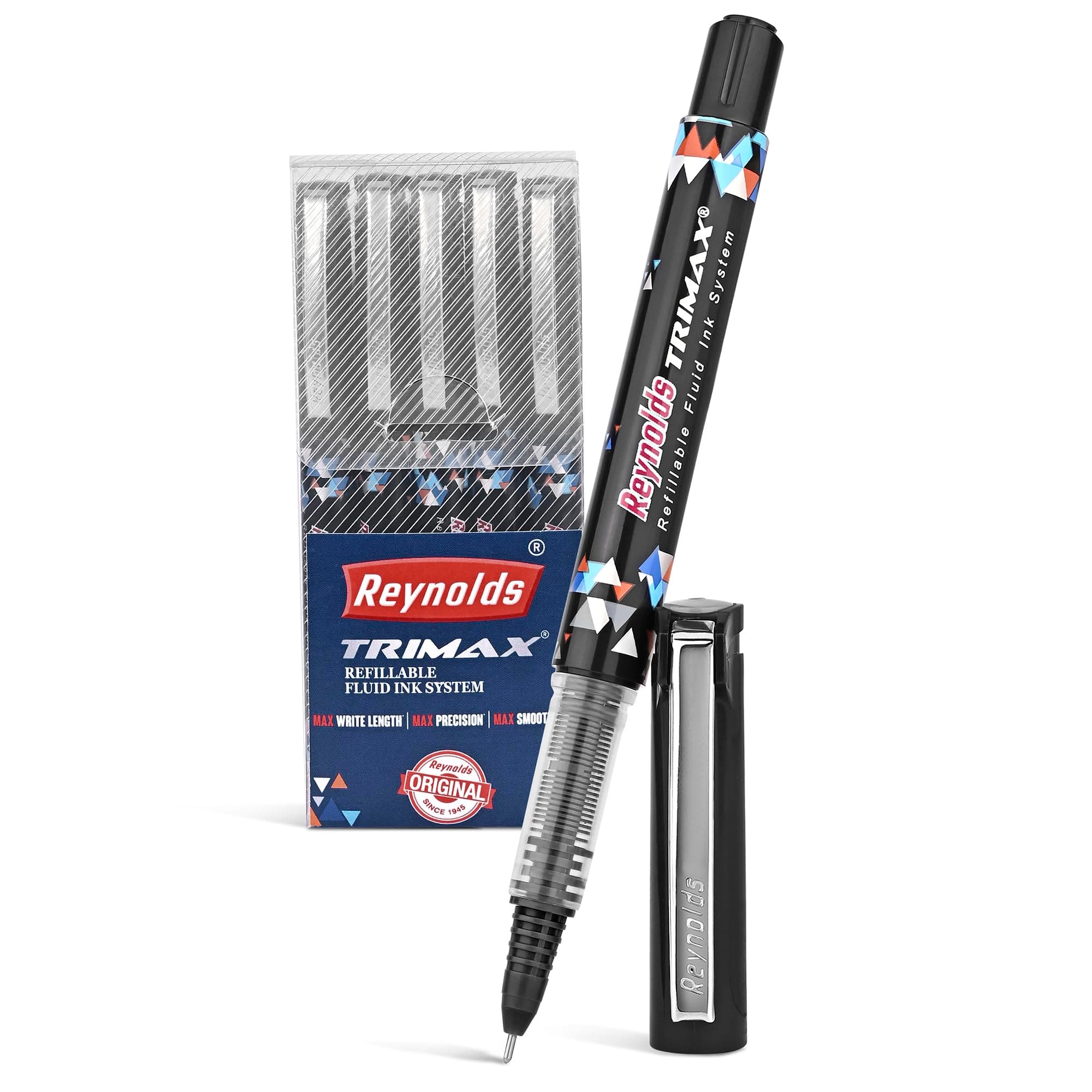 Reynolds TRIMAX BLACK - 5 COUNTI Lightweight Roller Pen With Comfortable Grip for Extra Smooth Writing I School and Office Stationery | 0.5mm Tip Size