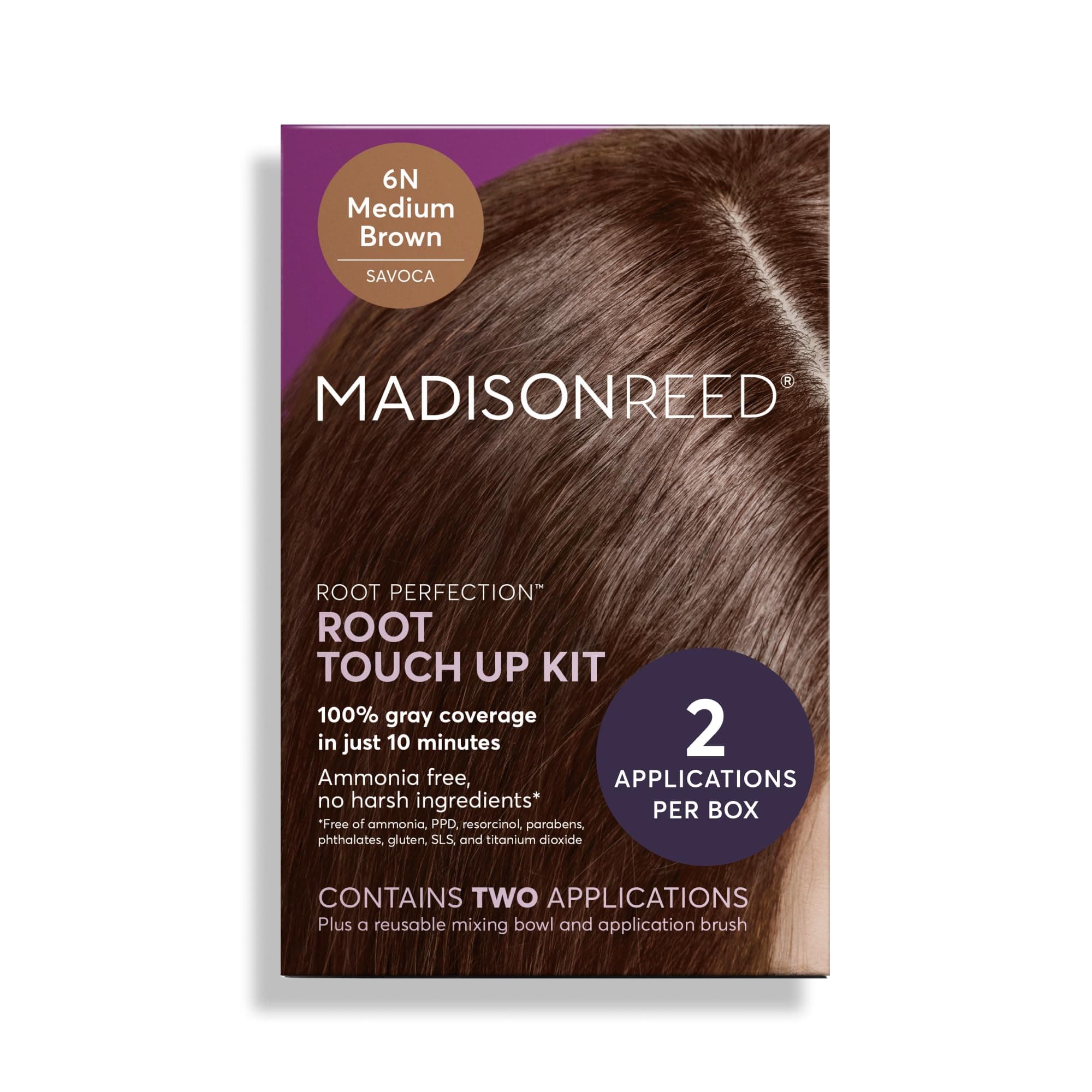 Root Perfection Permanent Root Touch Up, Medium Brown 6N Savoca, 10 Minutes for 100% Gray Root Coverage, Ammonia-Free Hair Dye, Two Applications