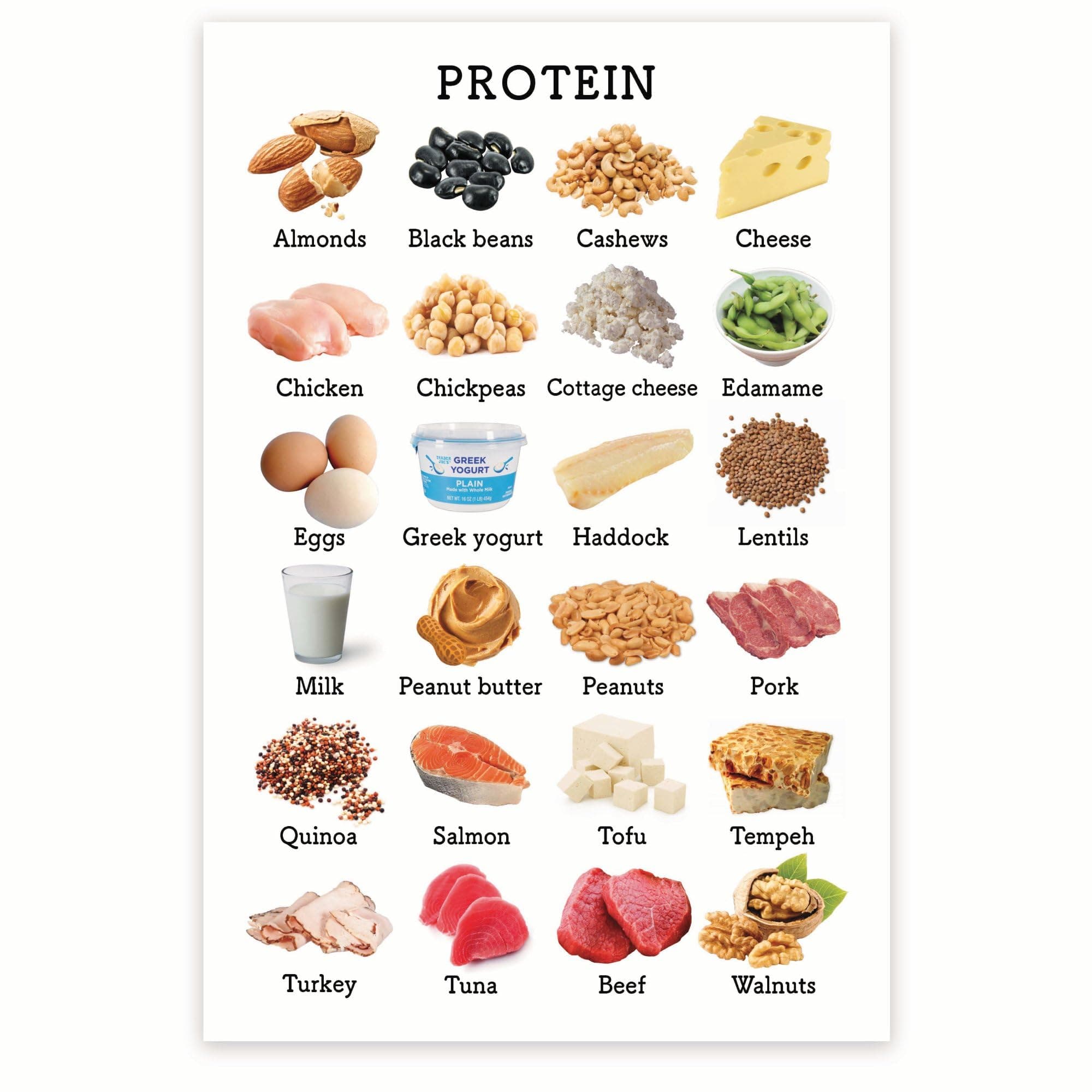 Bliss Monkey Co. Protein Chart Poster - Black & White, 12 x 18 Inch, Unframed, Premium 100lb Gloss, Made In USA - Kitchen Wall Art
