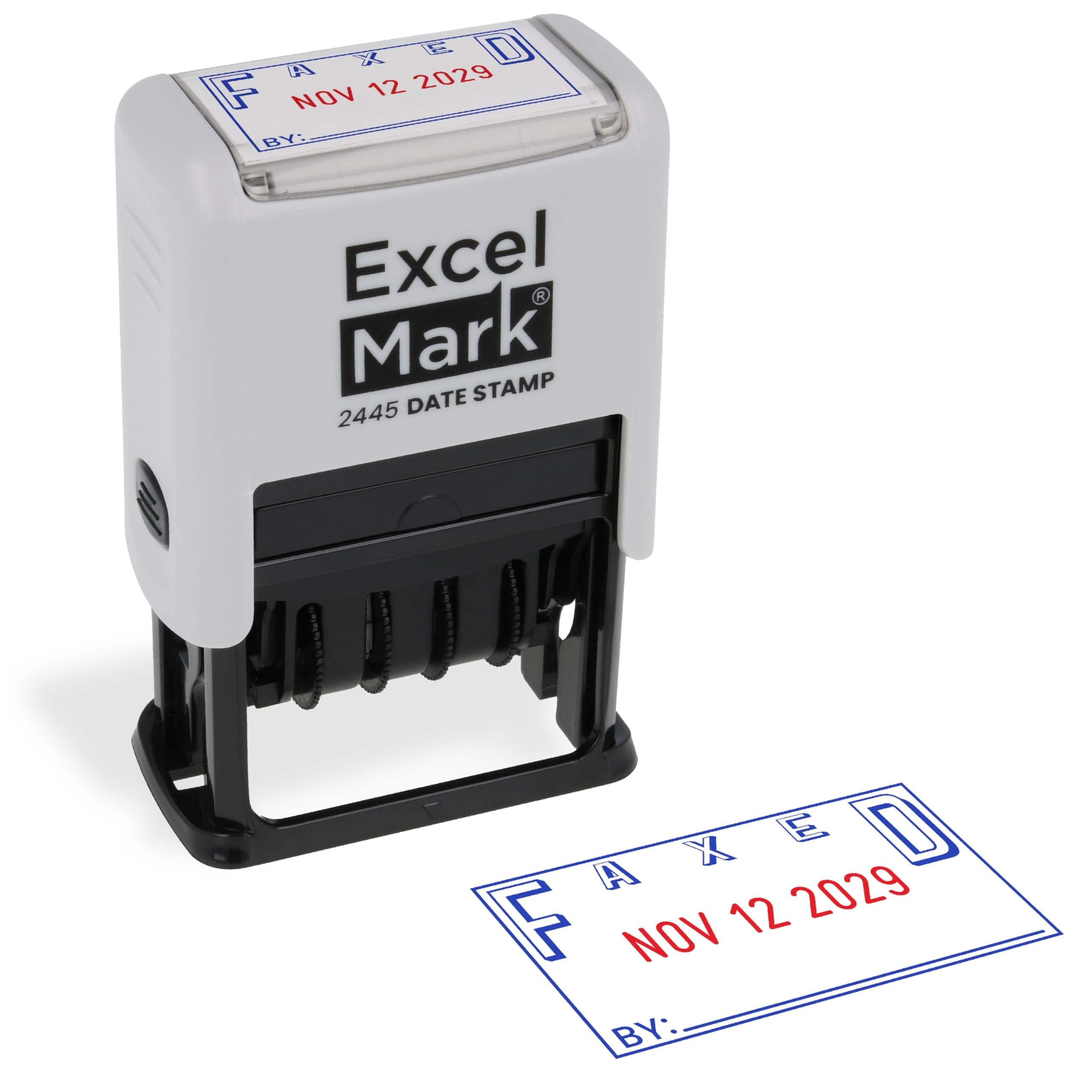 ExcelMark 2445 Date Stamp with Text - Blue and Red Ink (Gray Mount, Faxed)