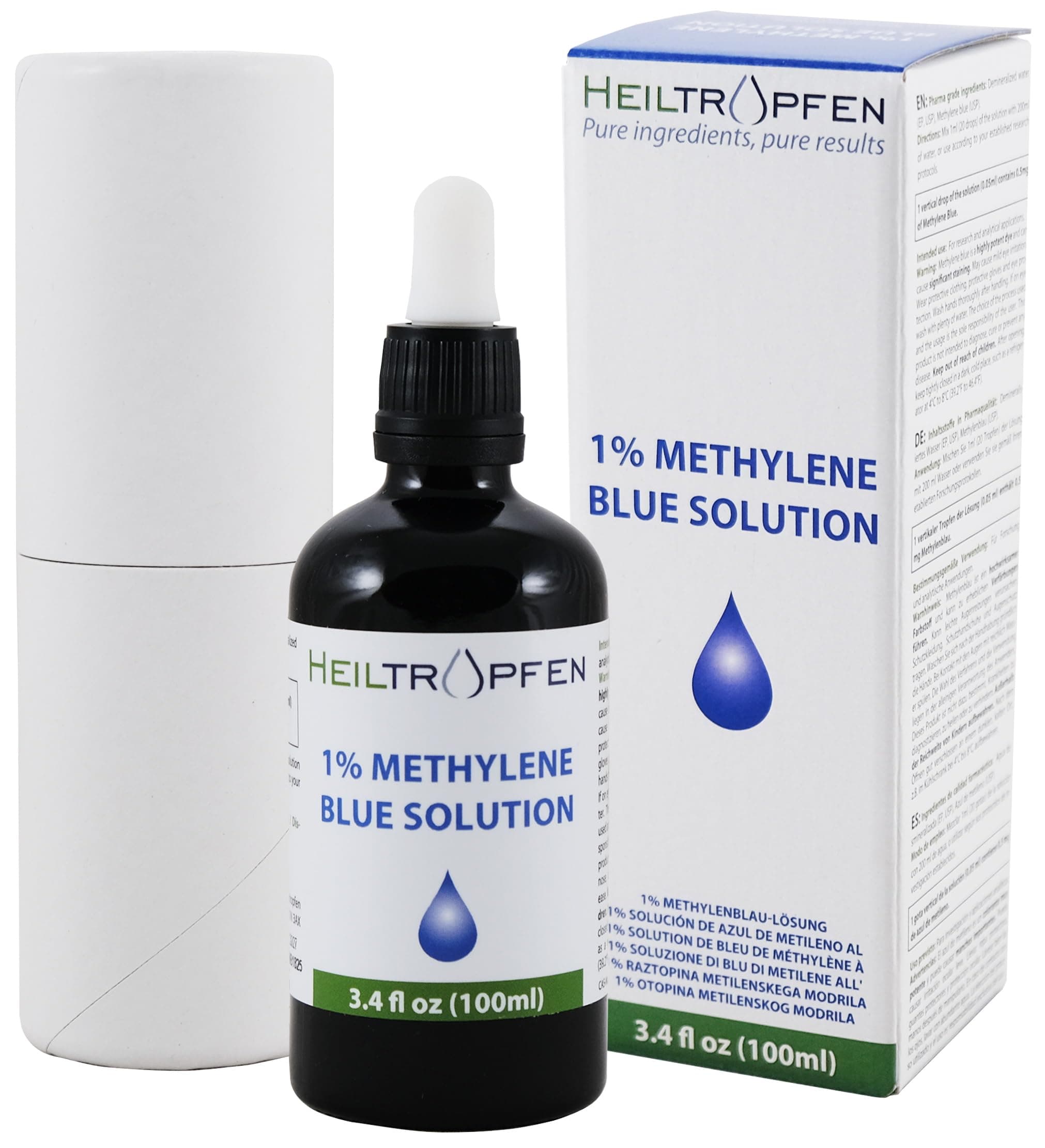 Methylene Blue 1% Solution 3.4 Fl Oz - 100 ml | Ultra High Purity | USP Pharma Grade Ingredients - Third-Party Tested | Formaldehyde Free | Glass Bottle | Heiltropfen®