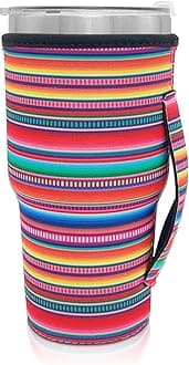 Reusable Iced Coffee Cup Sleeve Neoprene Insulated Sleeves Cup Holder with handle Idea for 30oz - 32oz Tumbler Cups, Protein Shake Bottles (Serape)