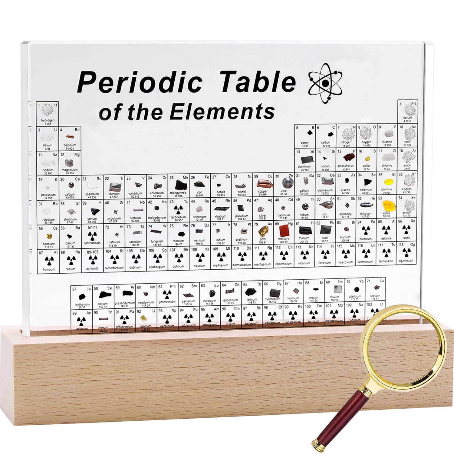 Large Periodic Table with 83 Real Elements Inside, Acrylic Periodic Table of Chemical Elements with Wooden Stand and Magnifying Glass, Periodic Tables Display with Elements for Teacher Students