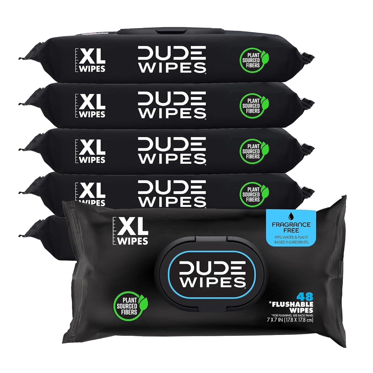 DUDE Wipes Unscented Flushable Wipes - Extra-Large Adult Wet Wipes for Sensitive Skin - 6 Pack (288 Count) - Infused with Vitamin E and Aloe - Septic and Sewer Safe