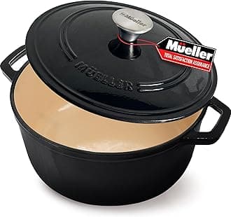 MUELLER HOME 6 Quart Enameled Cast Iron Pot Dutch Oven, Heavy-Duty Oven-Safe up to 500° F, & Across All Cooktops, Casserole Dishes for Ovens, Bread Pan with Lid and Knob, Cast Iron Cookware, Black