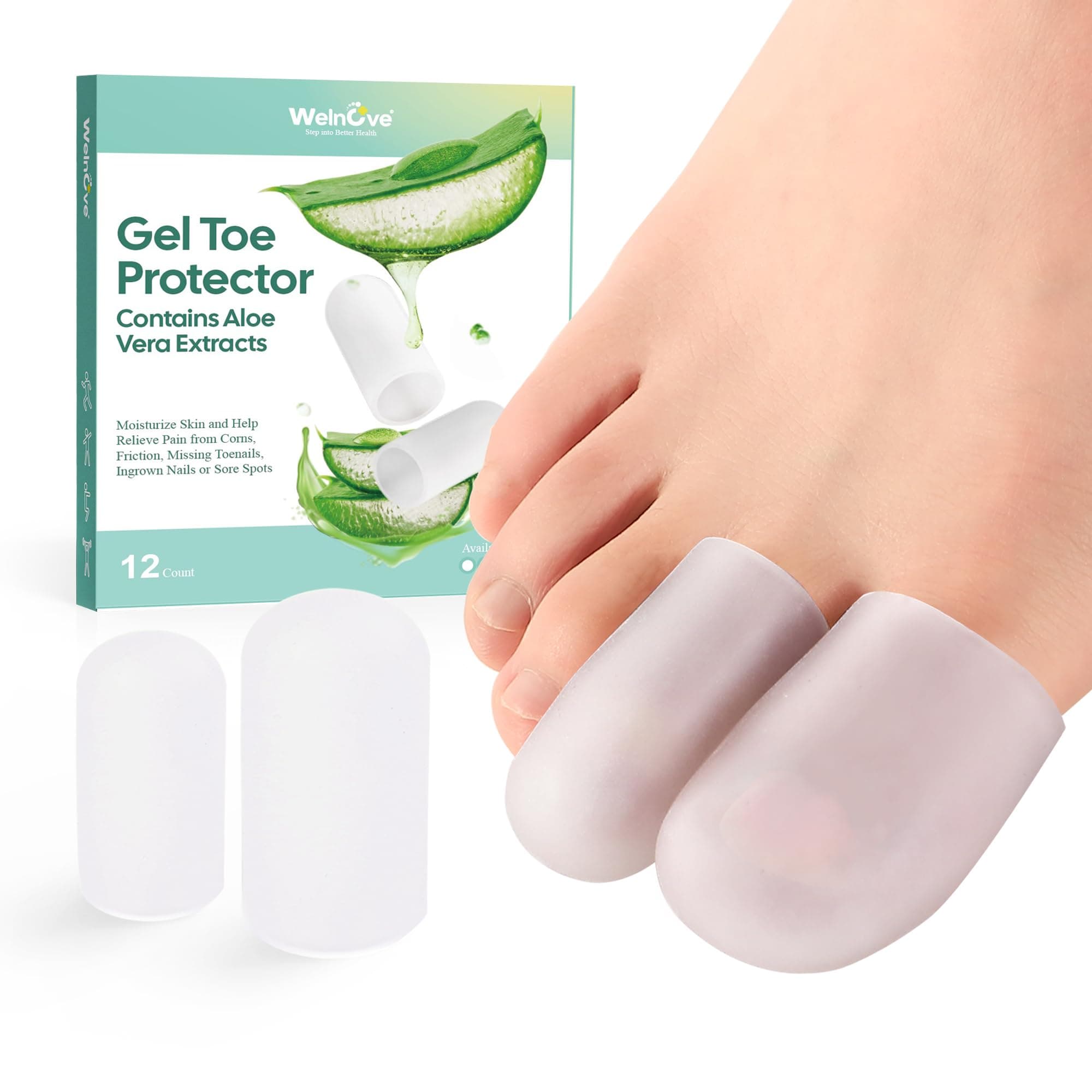 Welnove Gel Toe Cap and Protector - Silicone Toe Covers - Toe Cushions for Pain Relief, Missing or Ingrown Toenails, Corns, Calluses, Blisters - Infused Aloe Vera Extract (4 Large + 8 Medium, Clear)