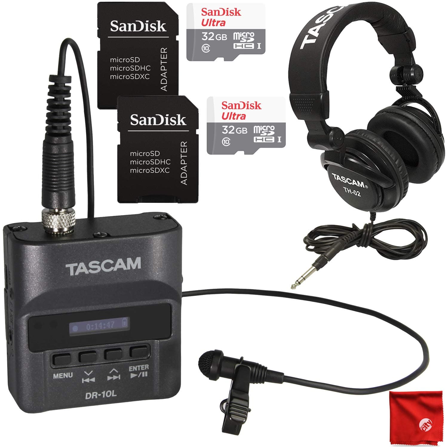 Tascam DR-10L Recorder with Lavalier Microphone Bundle with TH-02 Headphones and 2X 32GB Memory Cards