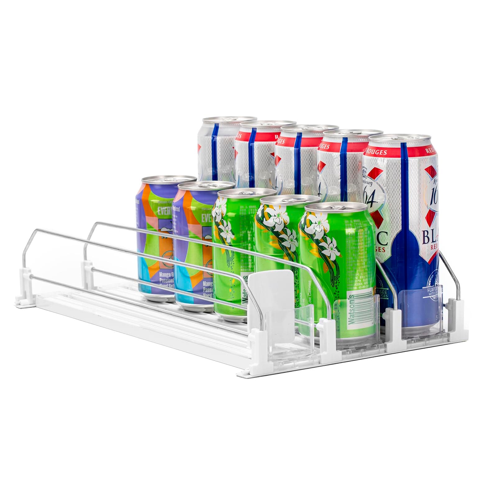 Rula Drink Organizer for Fridge, Width Adjustable Water Bottle Pusher Glide, Self-Pushing Soda Can Dispenser for Refrigerator - Holds up to 15 Cans (15"D, 3 Rows)