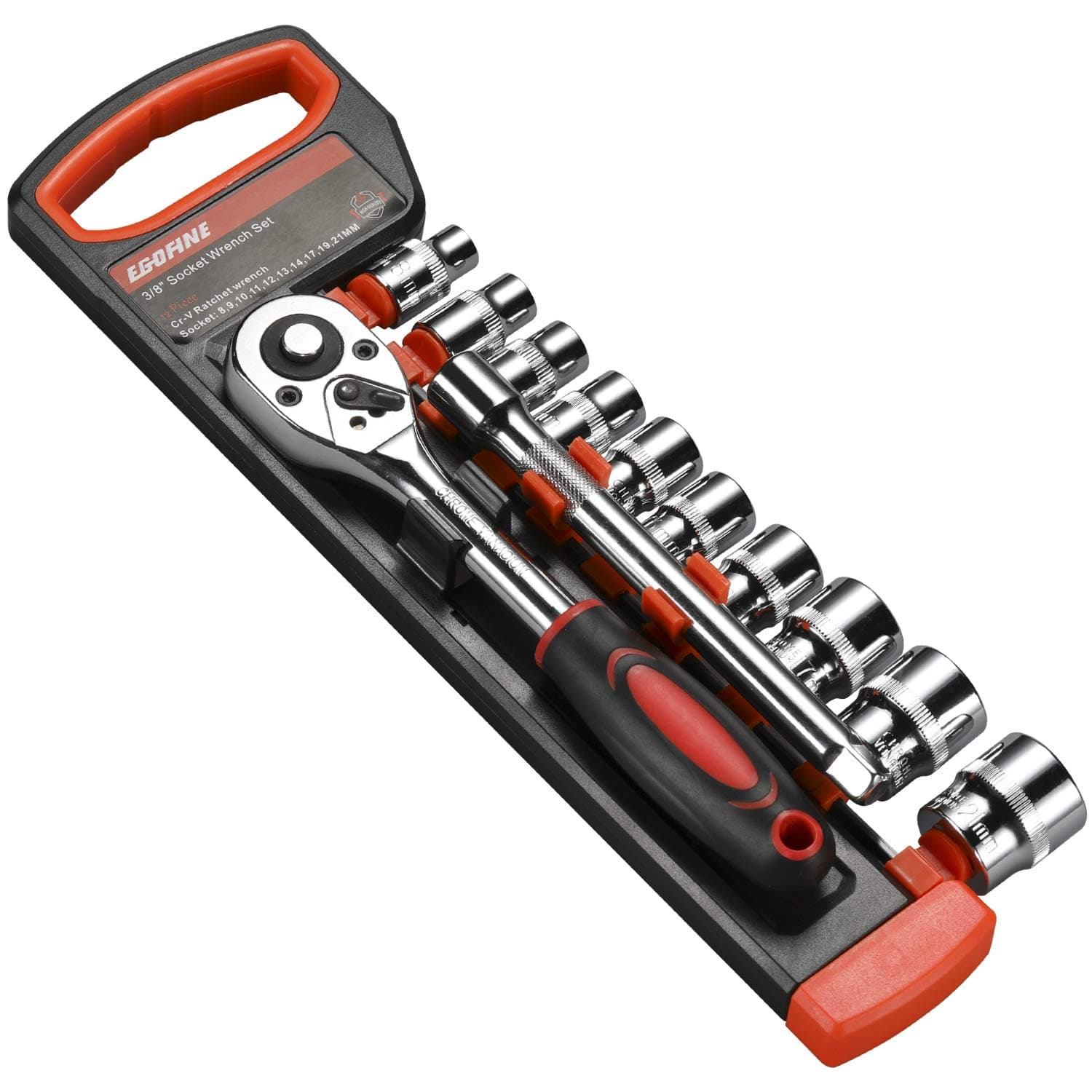 EGOFINE12pcs 3/8 Inch Ratchet Socket Wrench Set, Drive Socket Set with 10 Sockets 8-14,17,19,21mm and 2 Way Quick Released Ratchet Handle and Extension Bar