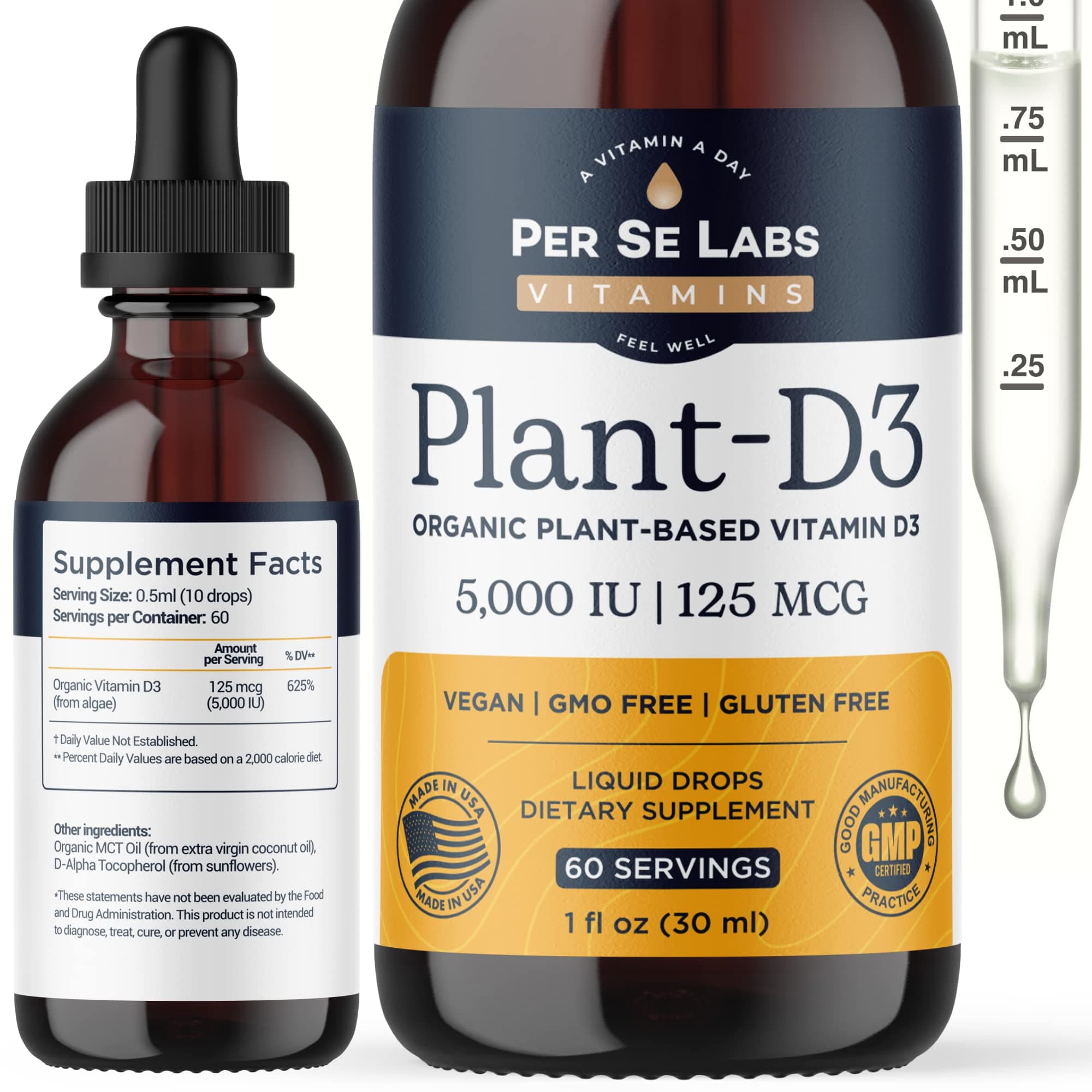 Vitamin D3 Liquid Drops 5000 IU for Nervous System & Immune Support | Vegan Organic Plant-Based Vitamin D3 for All Ages Supplement | Made in USA | 2oz 60 Servings 2Months Supply
