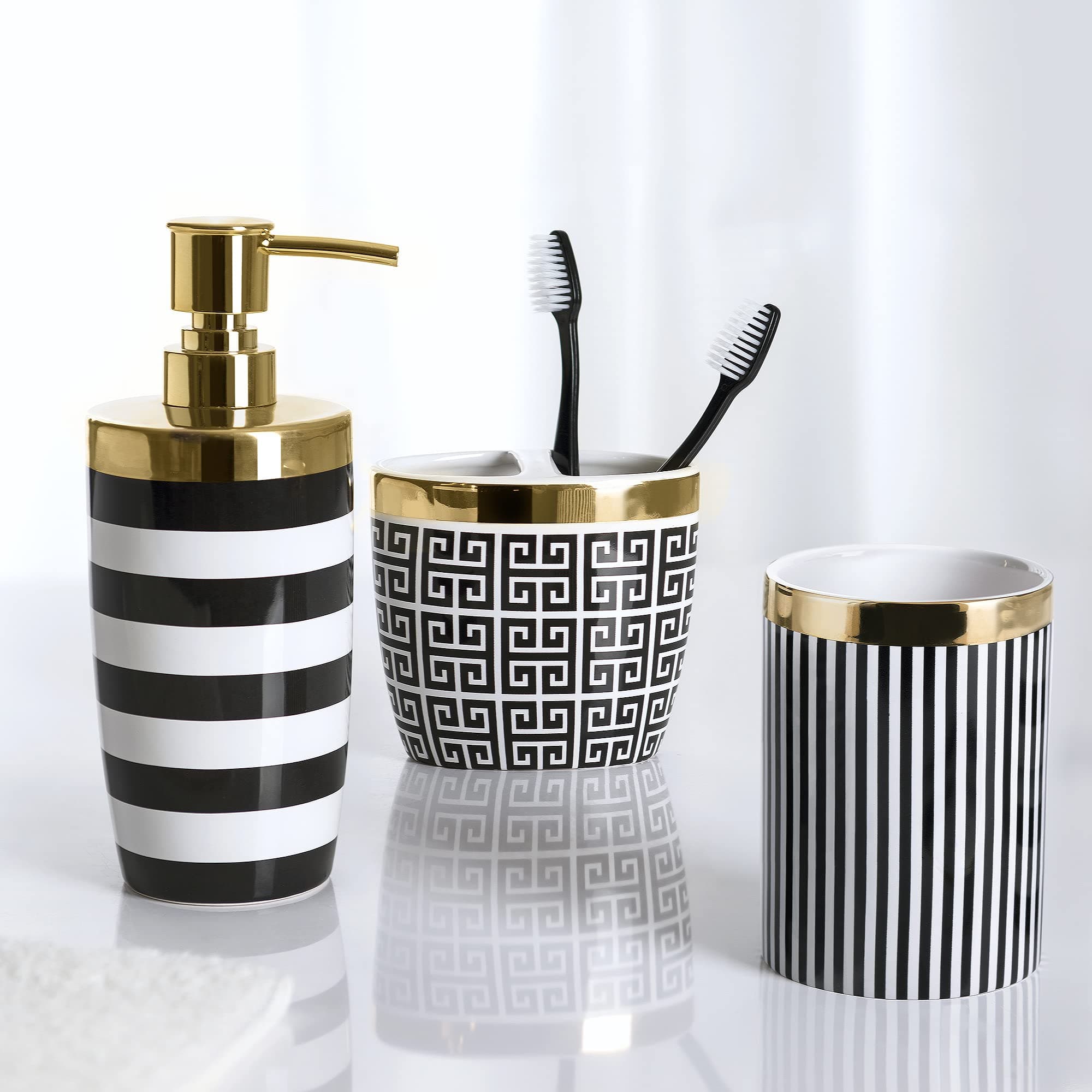 Allure Home Creation Derby 3-Piece Ceramic Bathroom Accessory Set Black & White with Metallic Gold Finish