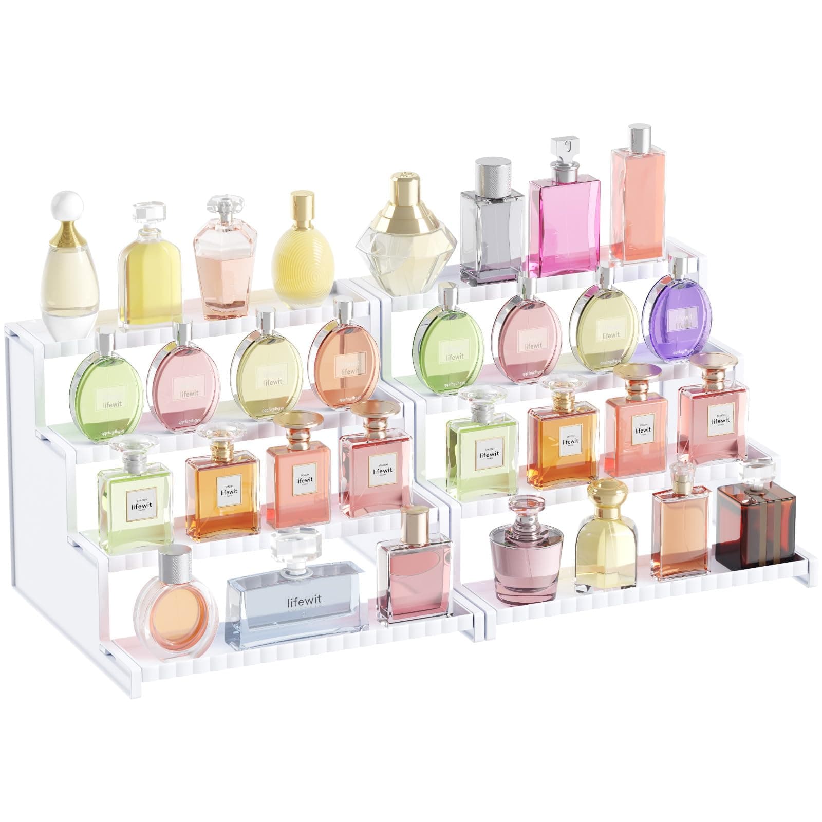 Lifewit 4 Tier White Display Risers Stand, Plastic Perfume Organizer Cologne Display Stand, for Makeups, Figures, Cupcake, Dessert, Spice, Fragrance, Countertop, Vanity, Dresser, 2 Pack