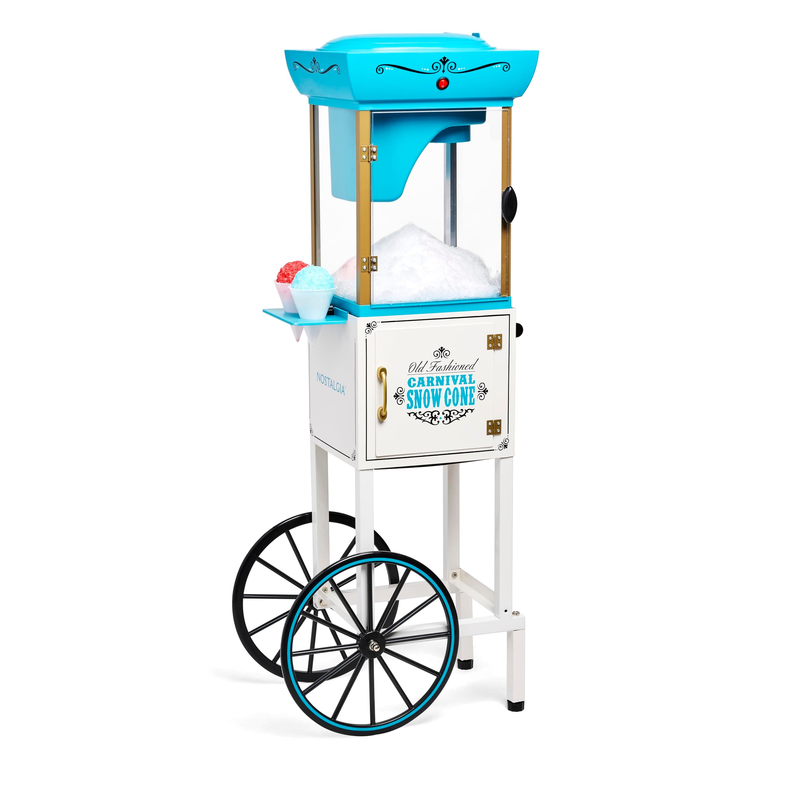 Snow Cone Shaved Ice Machine - Retro Cart Slushie Machine Makes 48 Icy Treats - Includes Metal Scoop, Storage Compartment, Wheels for Easy Mobility - White, Blue