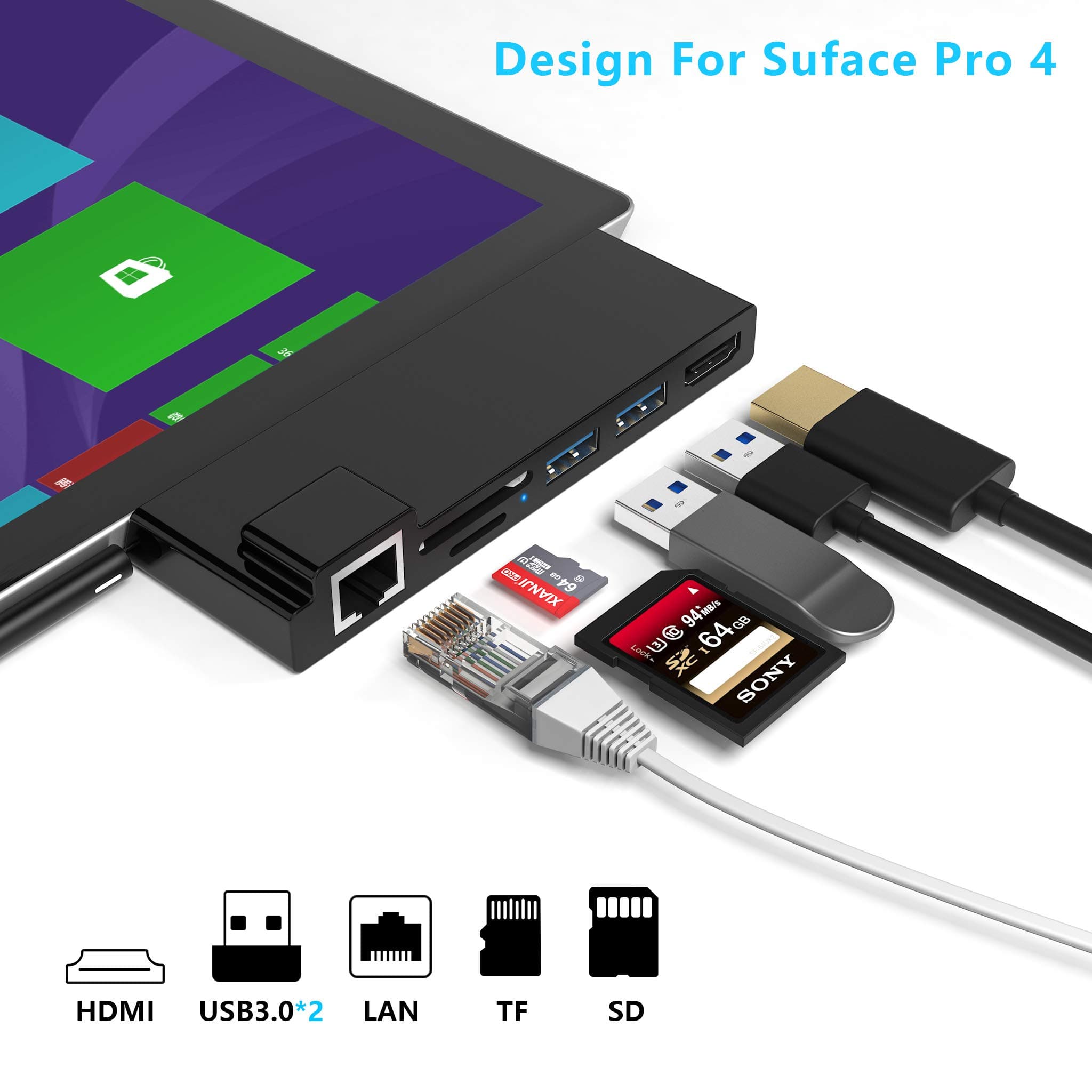 KETAKY Microsoft Surface Pro 4 USB 3.0 Hub Docking Station with Gigabit 1000Mbps Ethernet Port, 4K HDMI, 2 x USB 3.0 Ports, SD/Micro SD Card Reader for Surface Pro 4 2015 Microsoft Surface Dock