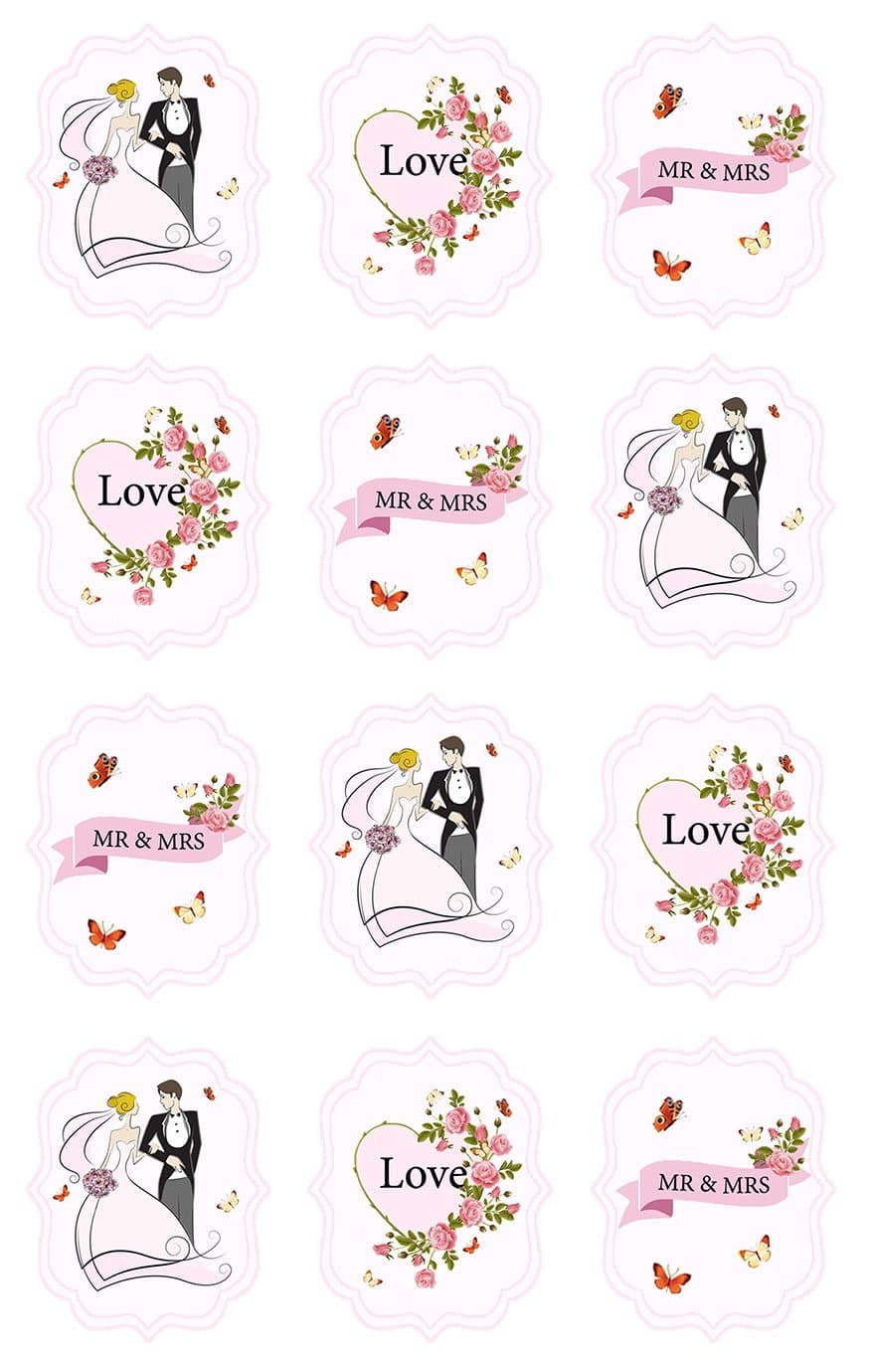 Anglesit PRE-CUT WEDDING BRIDE & GROOM/MR. & MRS. EDIBLE RICE/WAFER PAPER CUP CAKE TOPPERS PARTY DECORATION