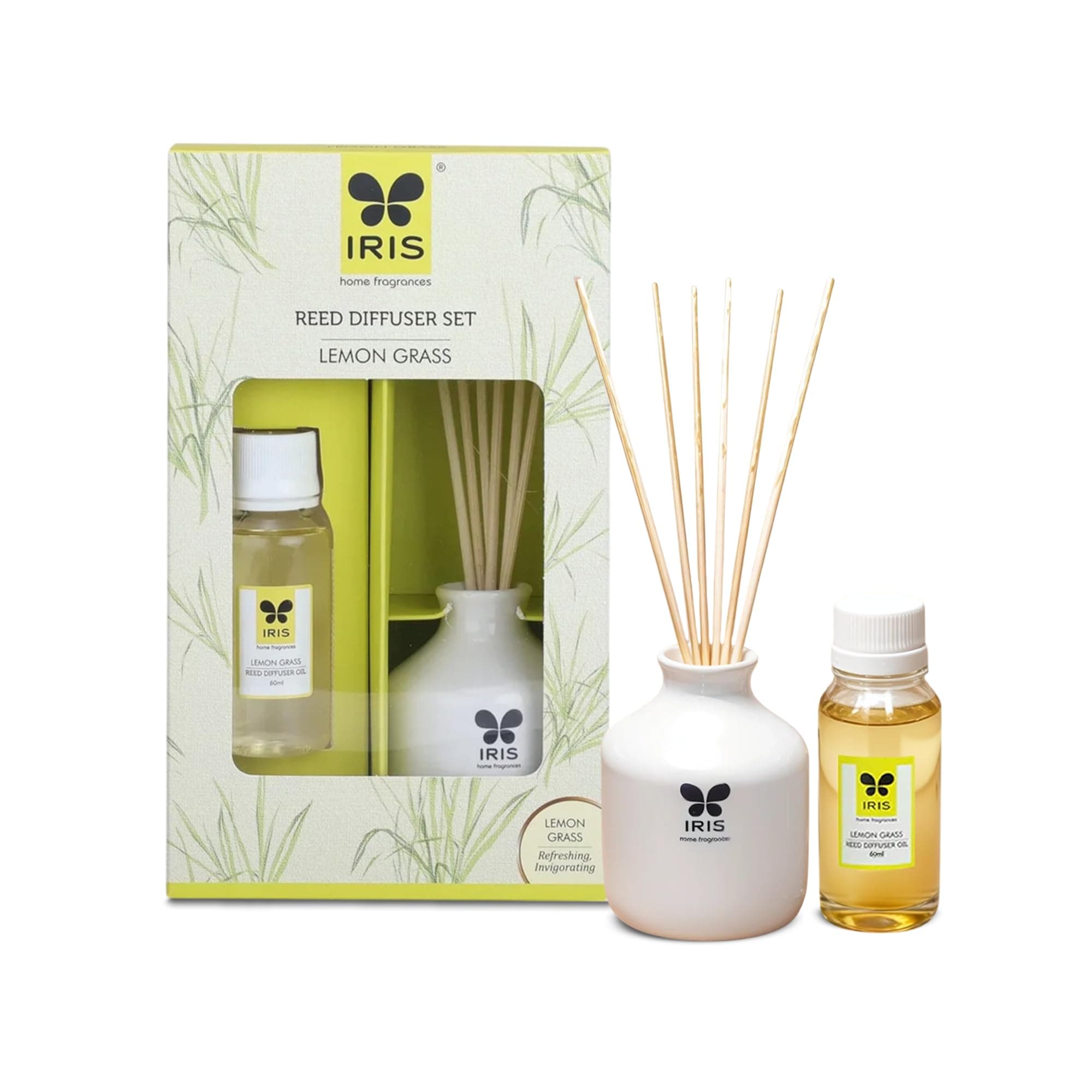 IRIS Home Fragrance,60Ml Lemon Grass Reed Diffuser Set |Free 6 Reeds Sticks of 7.5"|Stress Relief & Aromatherapy |Long-Lasting,Smoke-Free Air Freshener for Home,Bedroom and Office | Ideal for Gifting