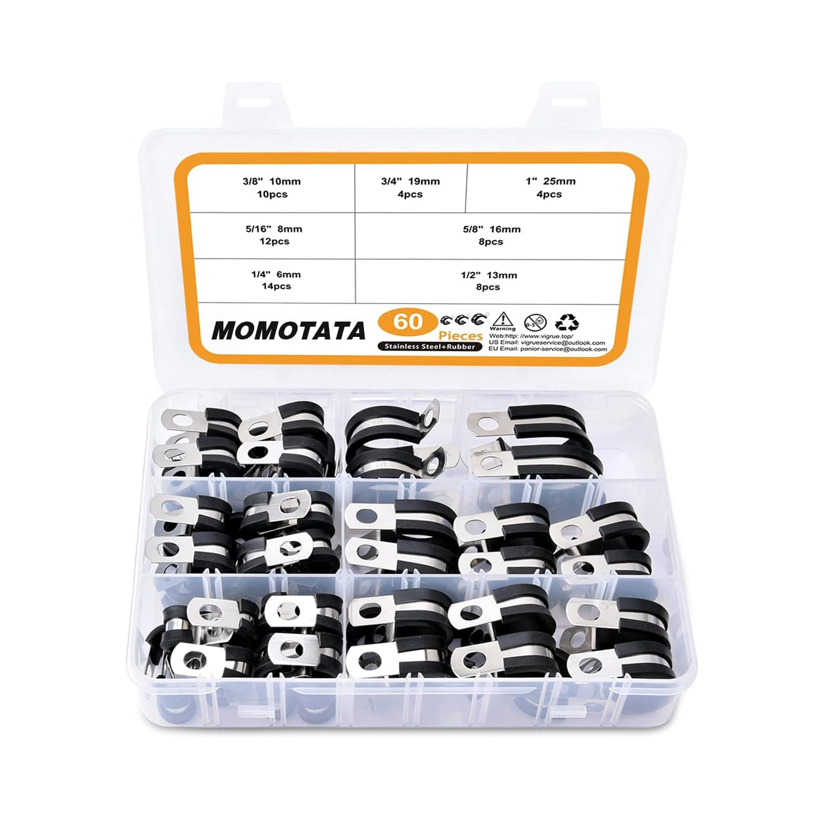 60PCS Cable Clamps Assortment Kit, 7 Sizes 1/4" 5/16" 3/8" 1/2" 5/8" 3/4" 1" Stainless Steel Rubber Coated Cushioned Insulated Cable Clamp,Automotive Wire Metal Pipe Clamps