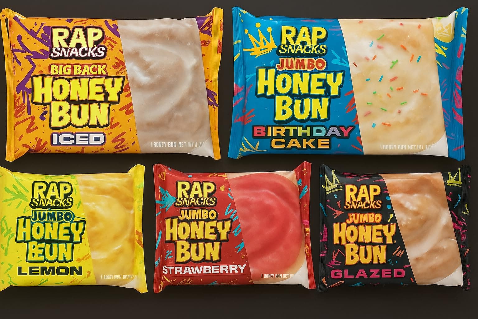 Rap` Snacks Big Back 4 oz Variety Pack Honey Buns; Lemon, Strawberry, Birthday Cake, Iced, and Glazed 2 each flavor (Pack of 10)