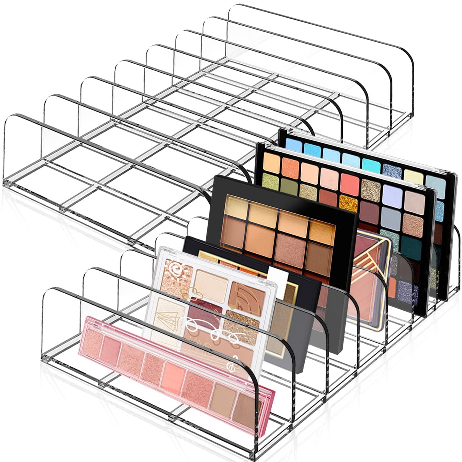 Anyumocz 2 Pack Makeup Organizer,Compact Makeup Palette Organizer,Eyeshadow Makeup Palette Cosmetic Organizer for Eye Makeup Palette,Bathroom Countertop,Transparent,7-Section