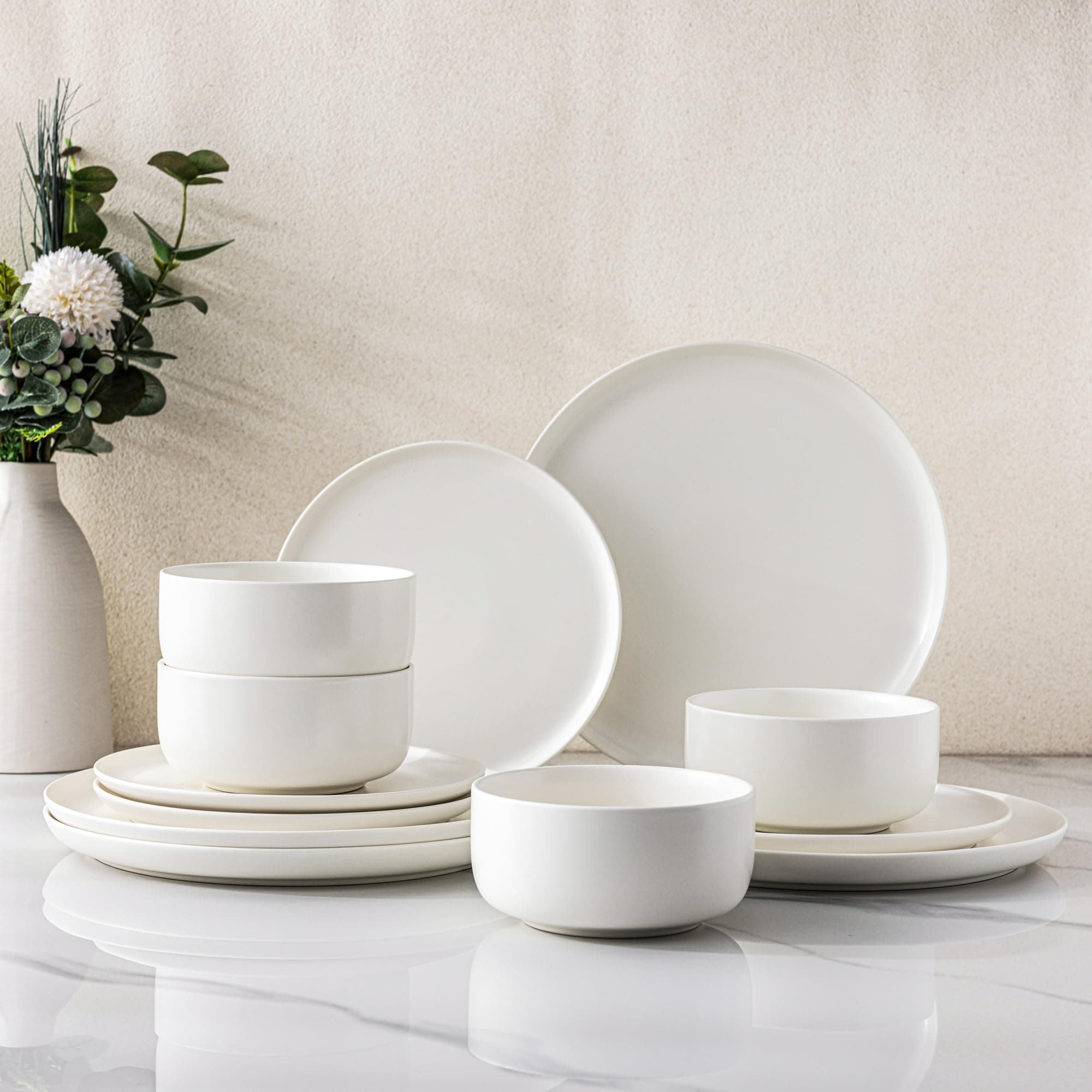 LERATIO Stoneware Dinnerware Sets for 4,Handcarft Ceramic Plates and Bowls Sets,Chip and Scratch Resistant Dishes, Dishwasher & Microwave Safe, Oven safe,Reactive Glaze-White